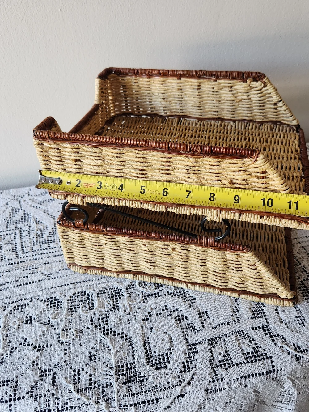 Woven Two-Tier Rattan Desk Organizer in Natural and Dark Brown